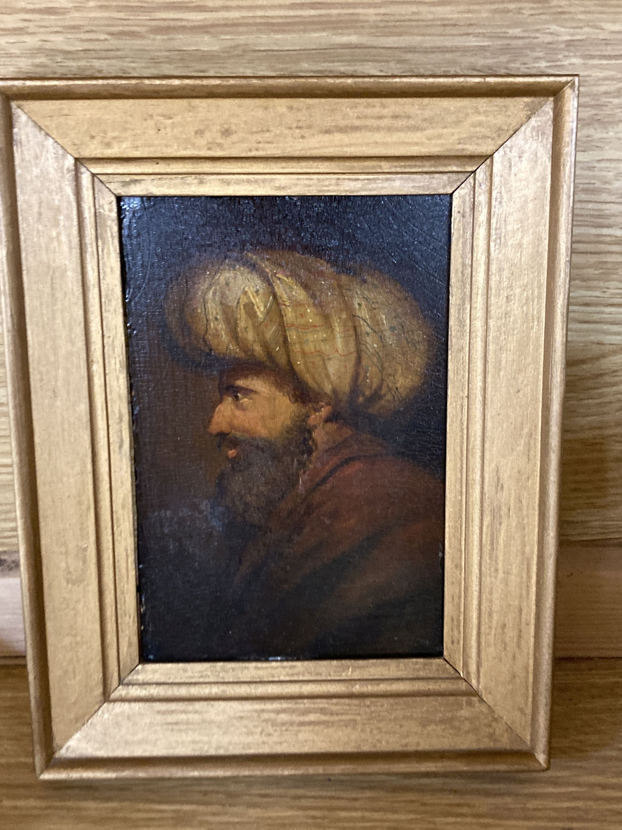 19th century Continental School, oil on oak panel, Head of a Turk, 16.5 x 11cm